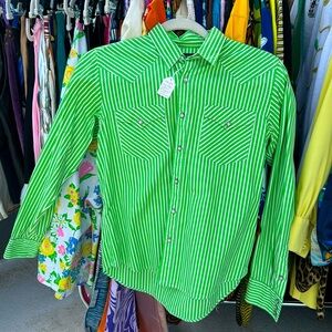 Ralph Lauren Green Striped Collard Button Down w/Pearl Buttons